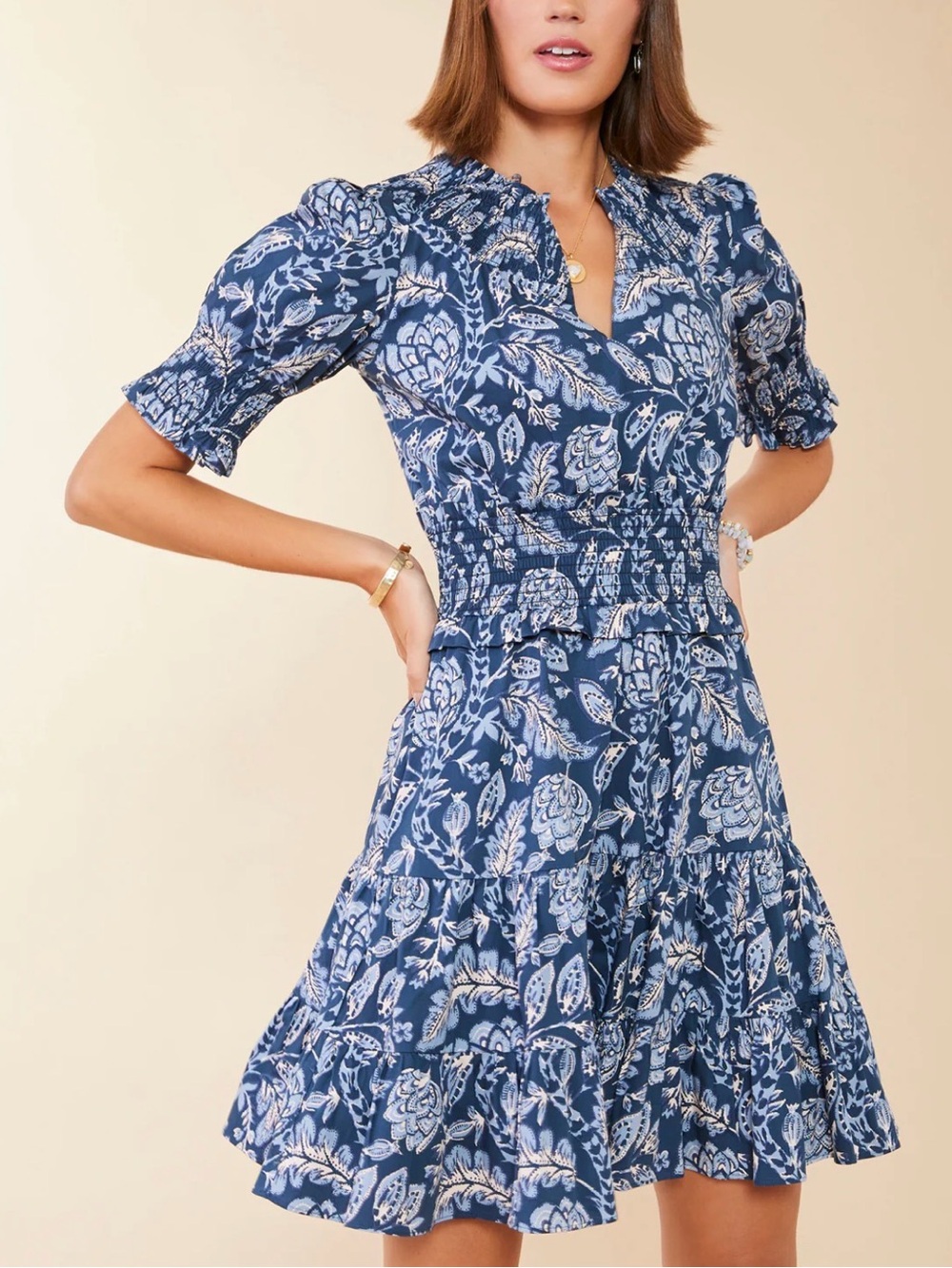 Spartina 449 Adelaide Smocked Waist Navy Blue Floral Dress